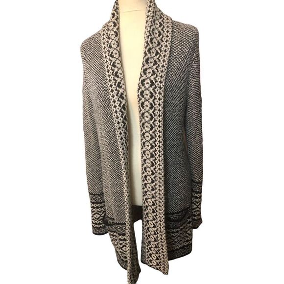 Heavy wool Lucky Brand aztec black and cream colored open front long line cardig - Picture 2 of 11